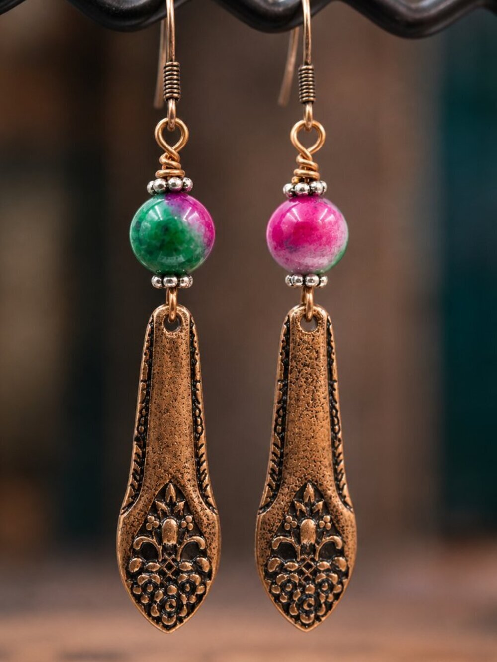 Antique Copper Filigree Drop Earrings With Beads - Picture 1 of 6
